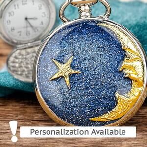Moon & Star Pocket Watch - Silver Starry Night Gift for Dreamers & Stargazers
